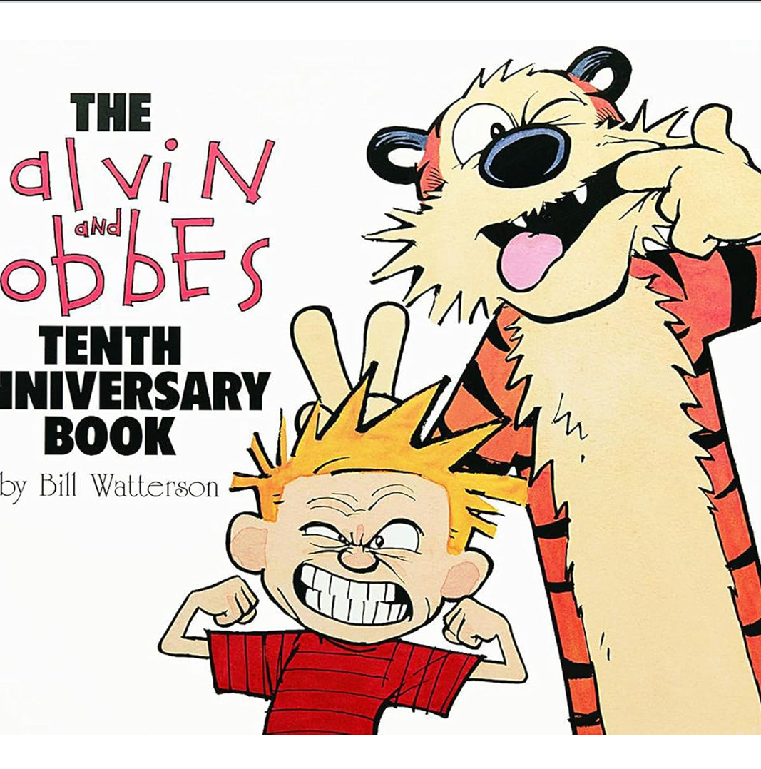the cover of The Calvin and Hobbes Tenth Anniversay book, showing cartoons of a little boy and tiger making faces